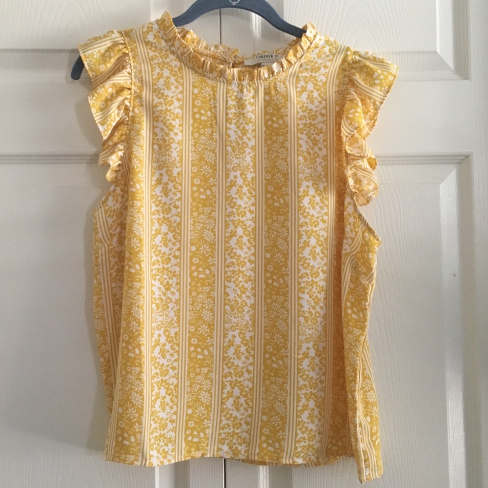 Yellow and white ruffle sleeve blouse